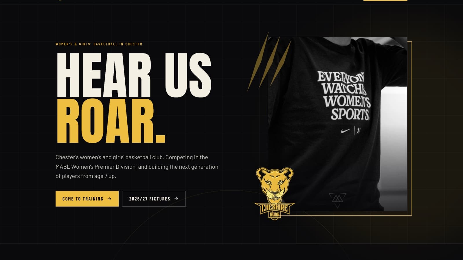 Cheshire Roar homepage: 'Hear us roar' in gold on black