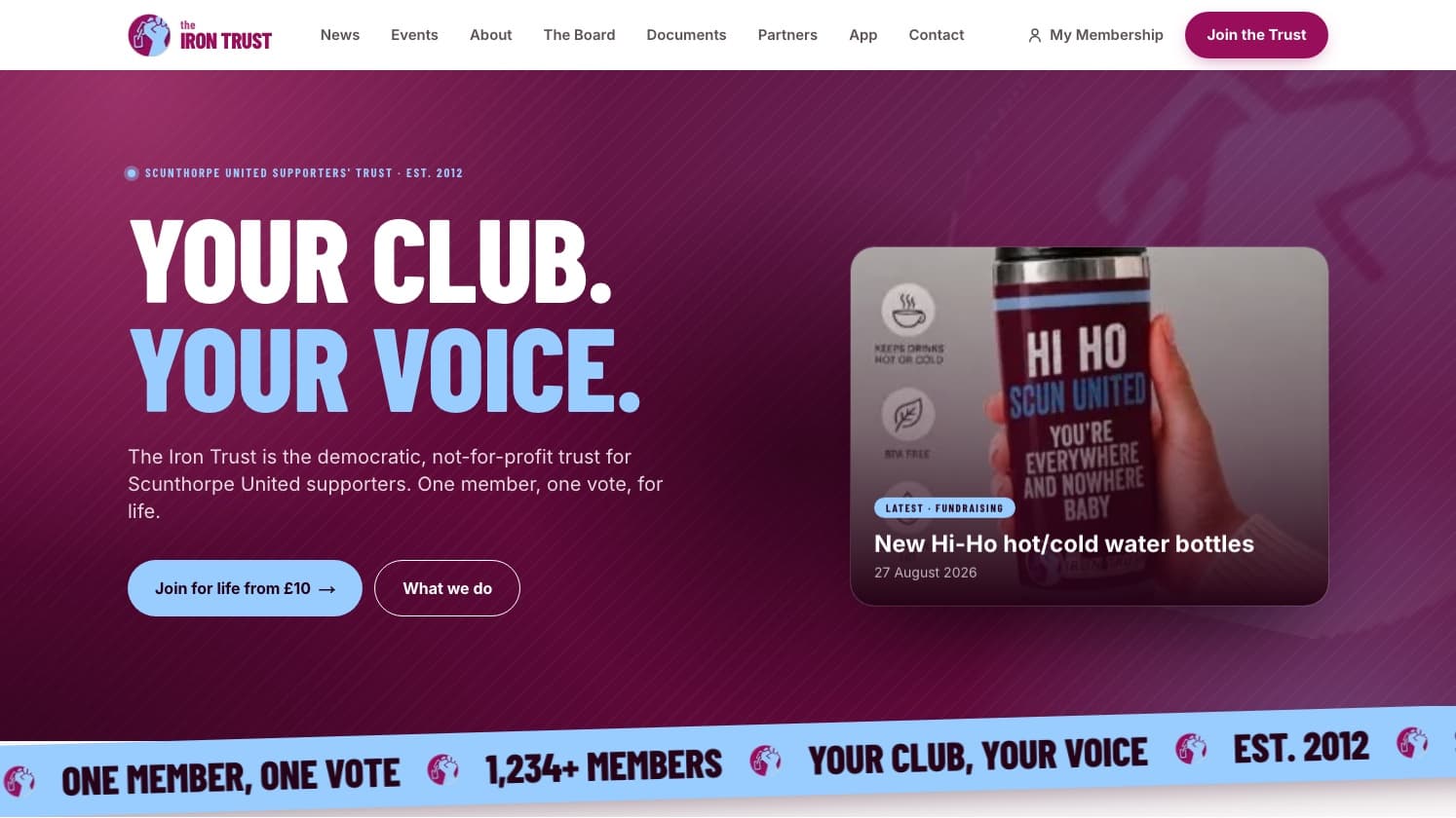 The Iron Trust homepage: 'Your club. Your voice.' on a claret background